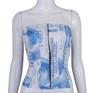 Blue Money Print Strapless Top
